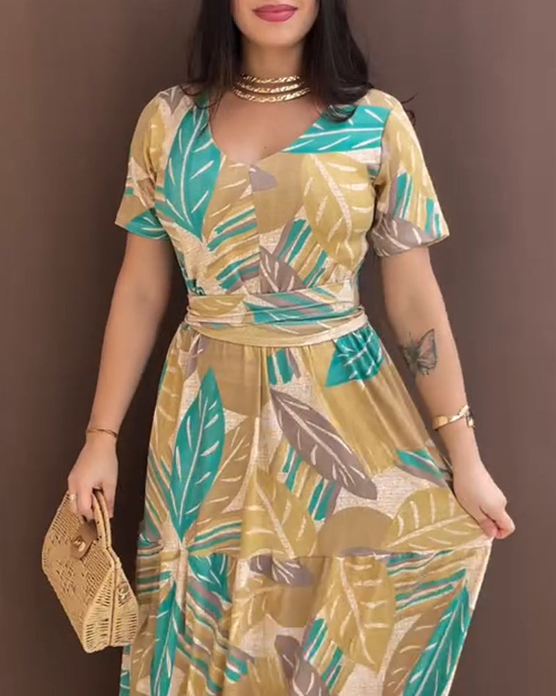 Plants Print Short Sleeve Tied Detail Maxi Dress Casual Waist Flowy A Line Dress