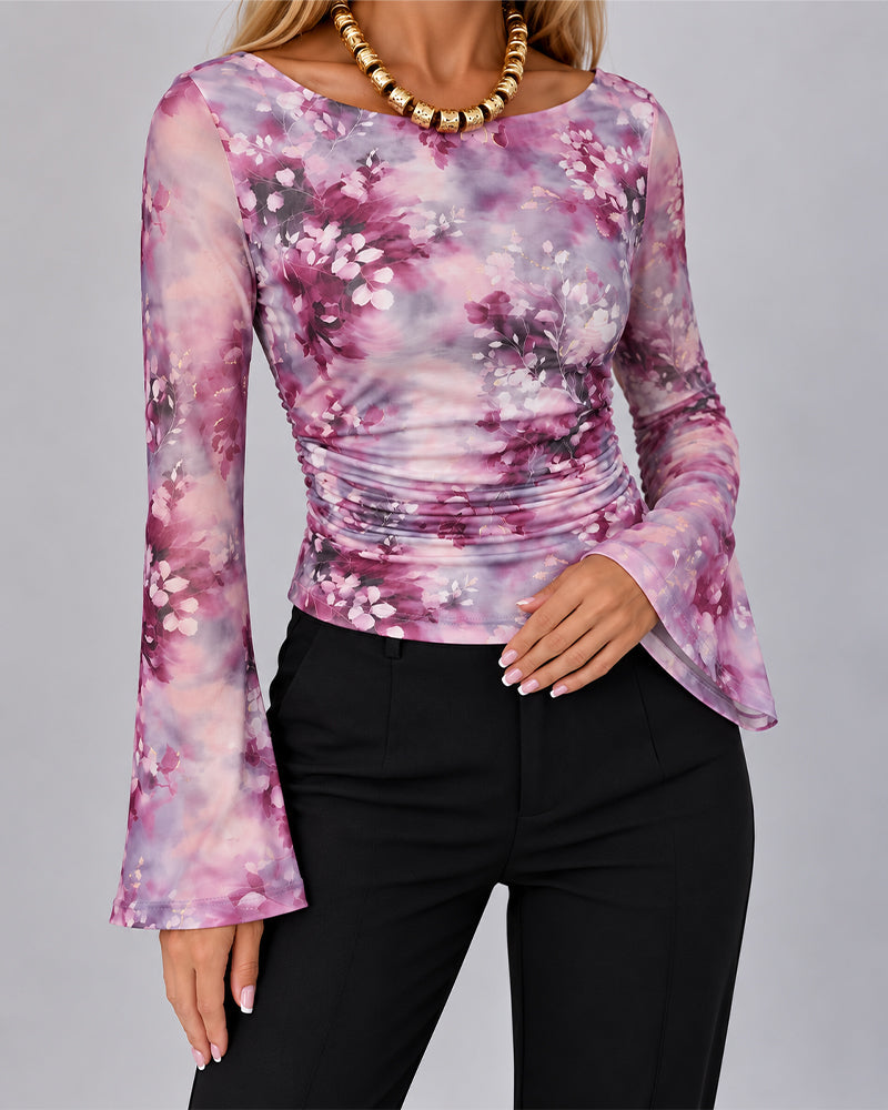Women's Floral Print Gold Foil Sheer Mesh Boat Neck Flare Sleeve Ruched Top
