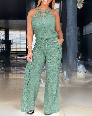 CHICME Women's Halter Tie Knit Jacquard Jumpsuit Hollow-Out Criss-Cross Front Wide-Leg Romper with Adjustable Drawstring Waist