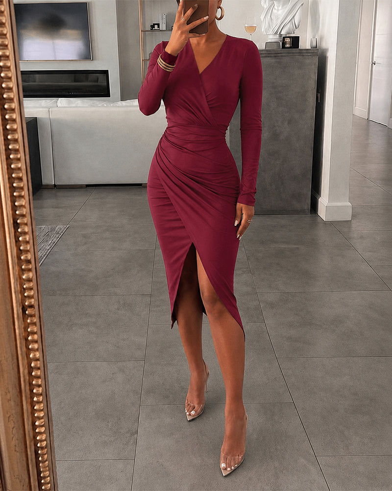 Women's Deep V Neck Long Sleeve Bodycon Dress Ruched Wrapped Slit Cocktail Dress