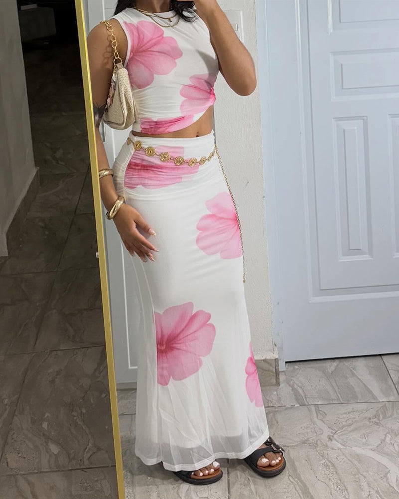 Women's Floral Mesh Ruched 2 Piece Set Sleeveless Crop Top and High Waist Mermaid Skirt Elegant Vacation Set