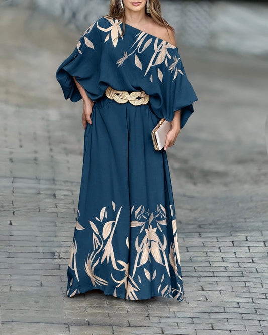 2 Pieces Outfit Skew Neck Batwing Sleeve Top and Zipper Fly Elastic Back Waist Wide Leg Pants Set Casual Plants Print Loose Fit Set without Belt