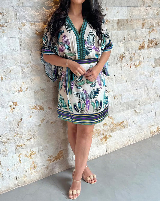 2 Pieces Outfit V-Neck Batwing Sleeve Bodysuit and Zipper Back Tie Waist Wrap Front Skirt Set Casual Animal & Plants Print Vacation Set