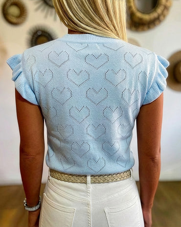 Allover Hollow-out Heart Pattern Round Neck Ruffles Short Sleeve Knit Top
