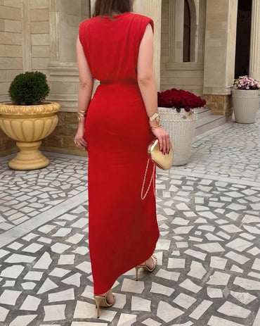 Women's Ruched Wrap Maxi Dress Elegant Gold Buckle High Waist Evening Dress