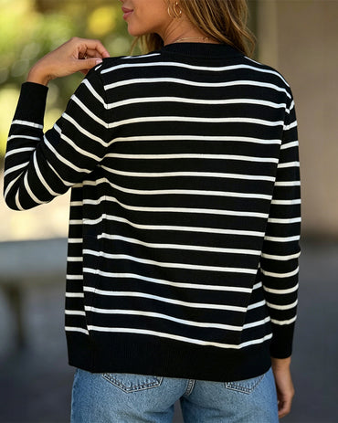 Women's Striped Knit Cardigan Casual Crewneck Button Down Sweater Vintage French Style Long Sleeve Top