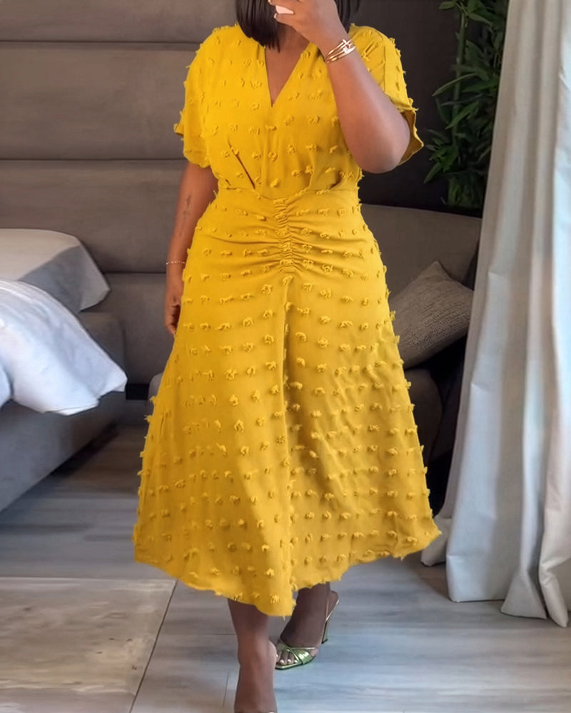 Swiss Dot V Neck Short Sleeve Dress Casual Ruched Waist Midi Dress