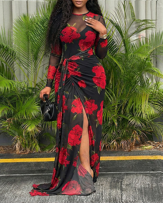 2 Pieces Outfit Floral Print Long Sleeve Tie Waist High Slit Sheer Mesh Maxi Dress with V-Neck Adjustable Spaghetti Straps Cami Mini Dress