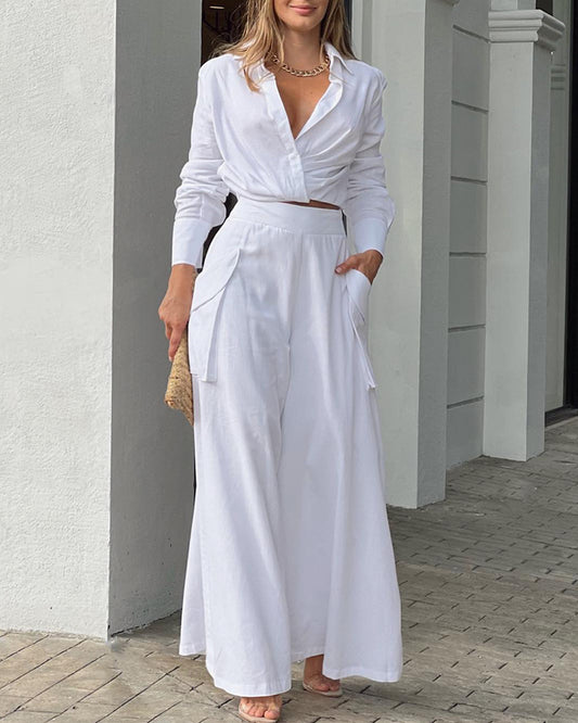 Ruched Long Sleeve Shirt & Wide Leg Asymmetrical Pants Set