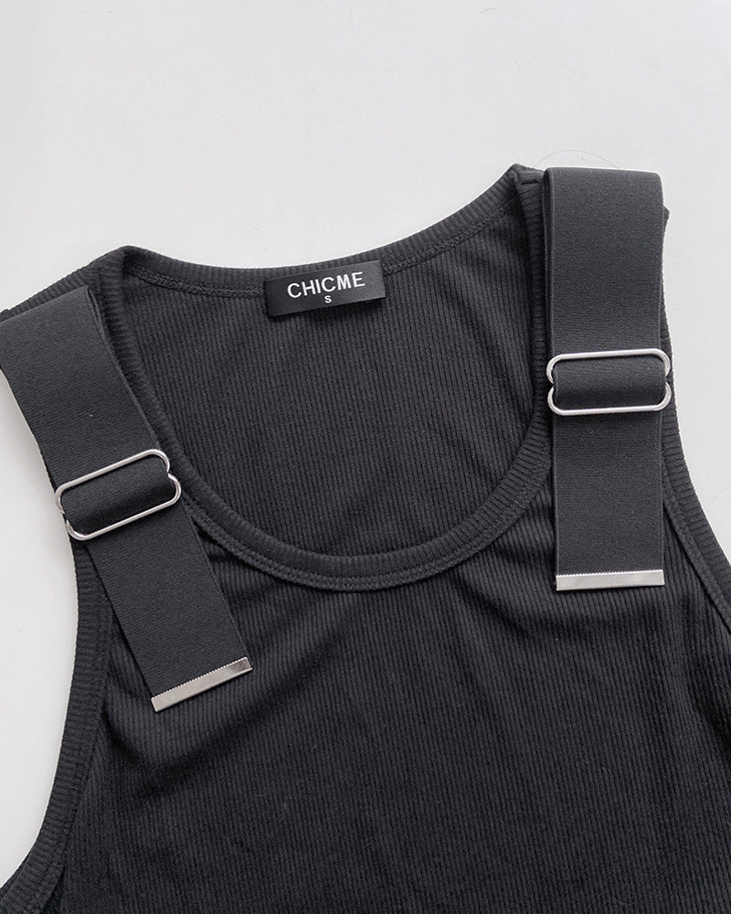 Women's Ribbed Knit Tank Top Adjustable Buckle Strap Side Ruched Knit Top Curved Hem Slim Fit Vest
