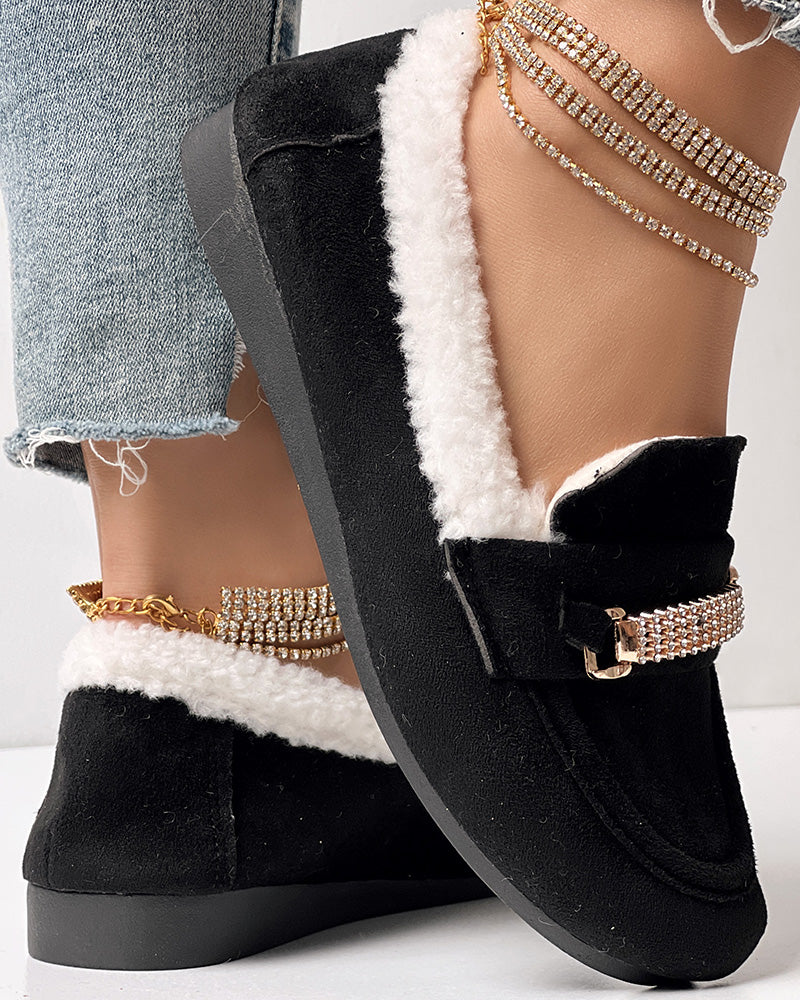 Rhinestone Chain Decor Thermal Lined Faux Shearling Trim Casual Flat Slip-On Loafers without Anklet Bracelet