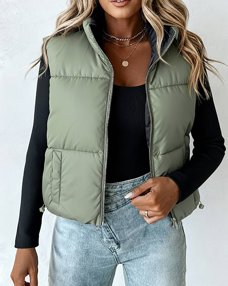 Stand Collar Sleeveless Zip Up Drawstring Hem Vest Casual Two-Way Reversible Ladies Warm Winter Padded Coat