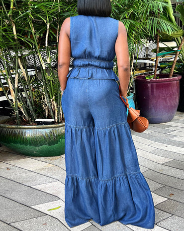 2 Pieces Outfit Deep V-Neck Sleeveless Tie Front Cinched Waist Top and Elastic Waist Wide Leg Pants Set Casual Ruffle Hem Set