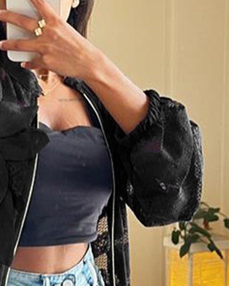 3D Flower Decor Stand Collar Zipper Front Sheer Lace Crop Jacket Casual Stretchy Cuffs Lightweight Breathable Loose Fit Coat