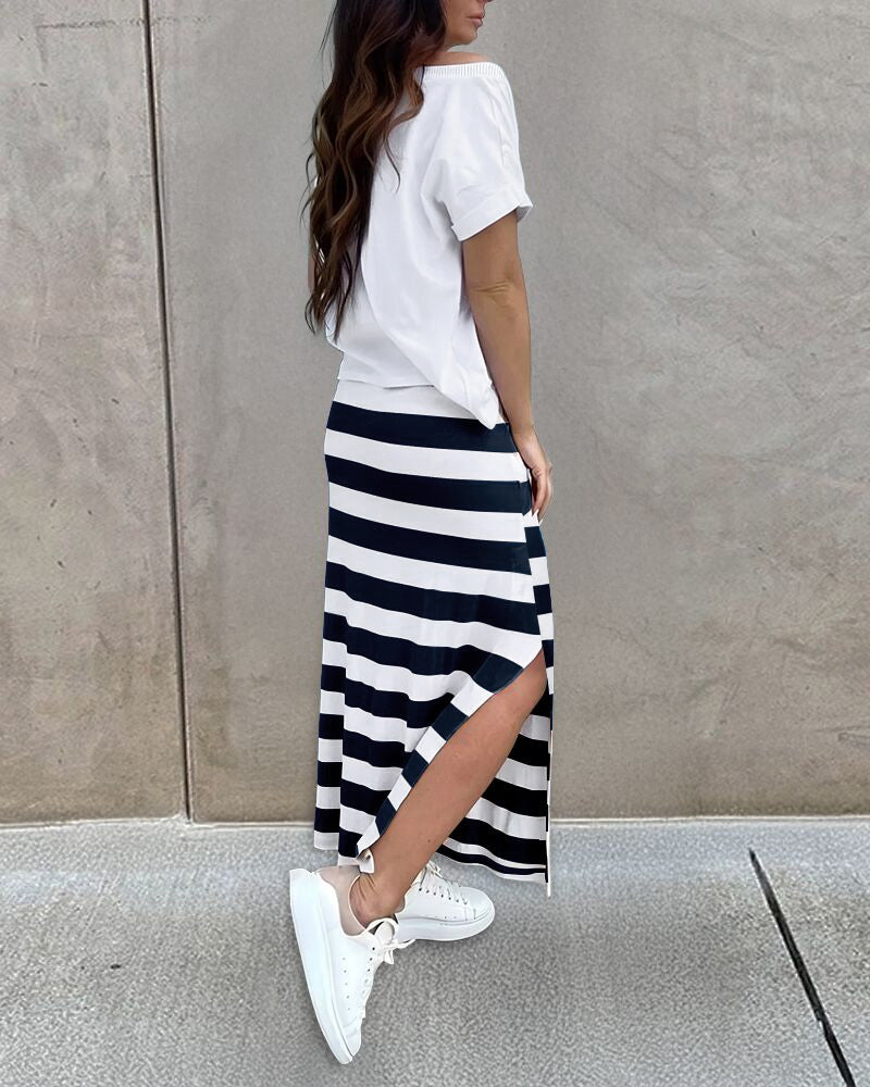 2 Pieces Outfit Floral Print Round Neck Turn-Up Cuffs Top and Casual Striped Drawstring Elastic Waist Side Slit Skirt Set