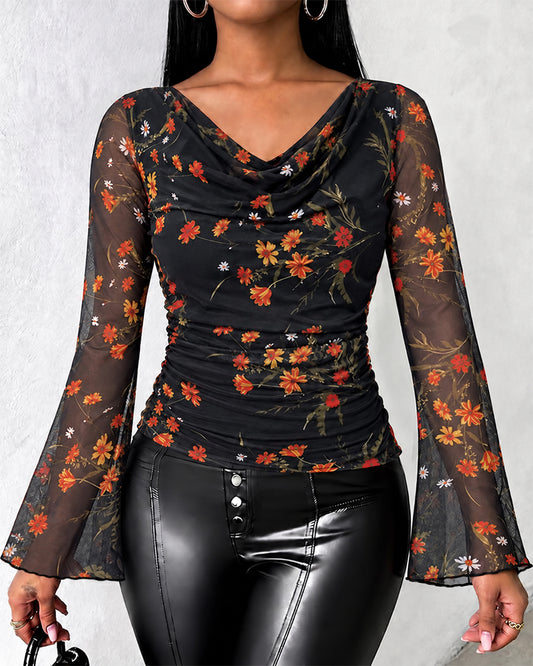 Women's Vintage Floral Mesh Cowl Neck Ruched Side Flare Long Sleeve Top