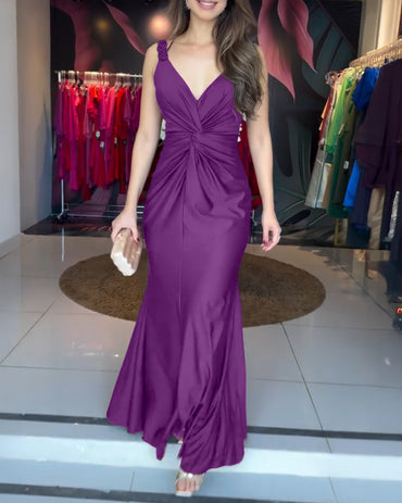 Deep V-Neck Braided Straps Twist Front Cinched Waist Evening Dress Casual Zipper Back Mermaid Hem Satin Maxi Dress