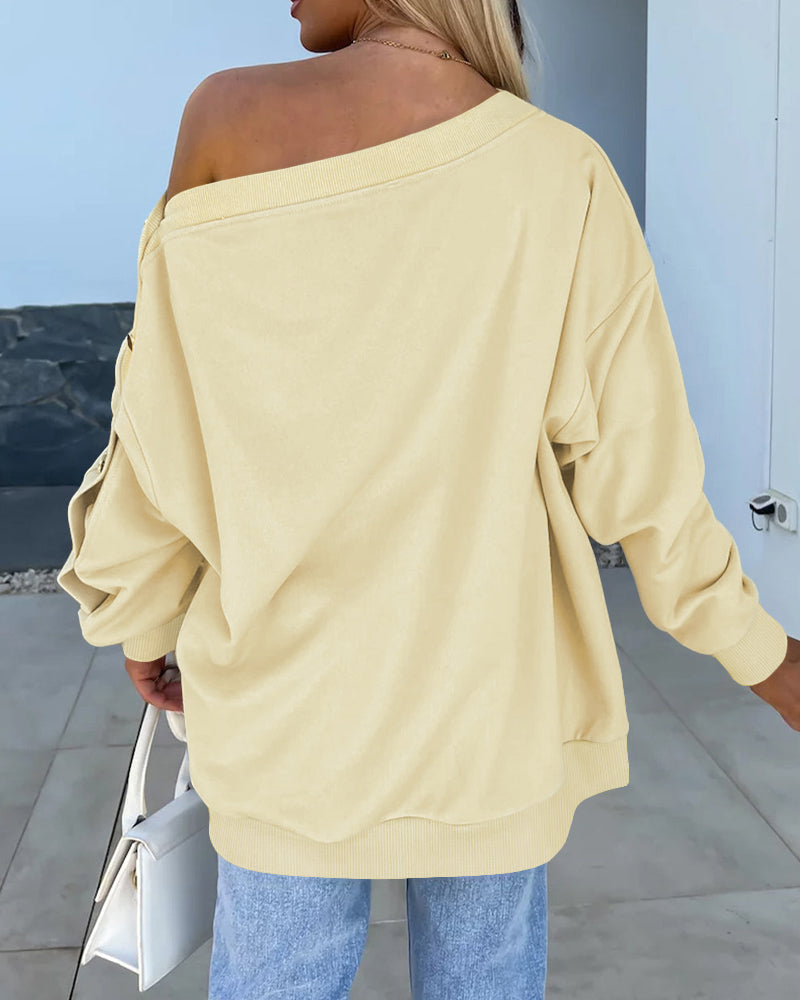 Skew Neck Buttoned Sweatshirt Casual Long Sleeve Pullover Tops Outfits