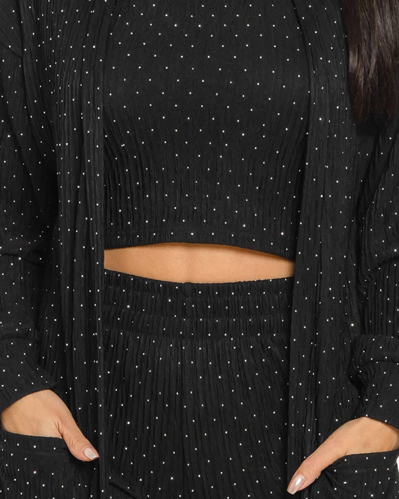 3 Pieces Outfits Cozy Comfort Glitter Long Sleeve Longline Coat and Cropped Ribbed Knit Tank Wide Leg Pants Set