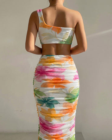 Women's One Shoulder Watercolor Floral Mesh Mid-length Dress Cut Out Ruched Bodycon Vacation Dress