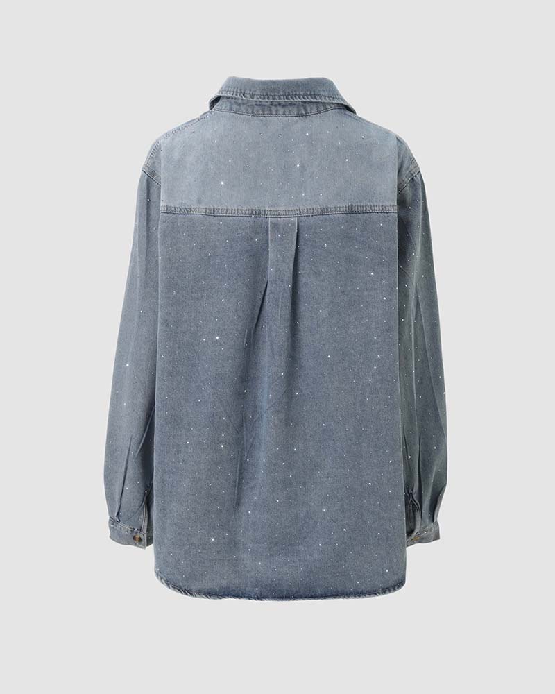 Women's Rhinestone Denim Jacket Washed Button-Down Shacket Sparkling Loose Fit Long Sleeve Casual Outerwear