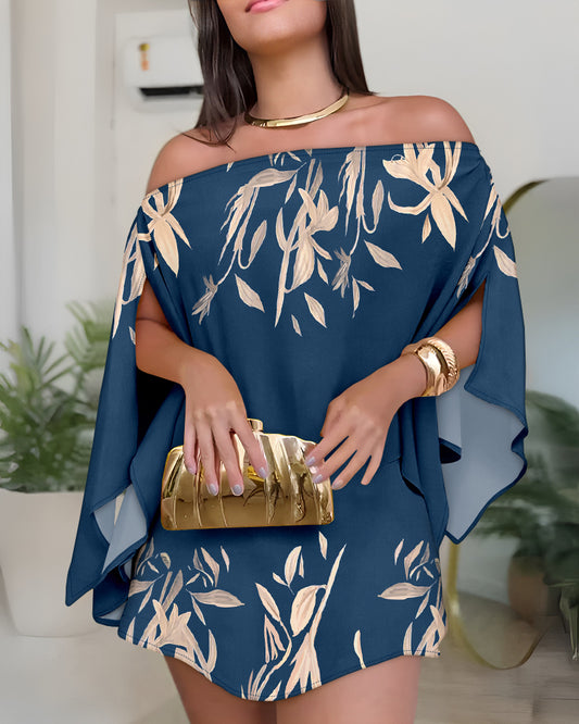 3 Pieces Outfit Off Shoulder Split Sleeve Convertible Shoulder Top and Elastic Back Waist Skorts Set Casual Plants Print Vacation Set with Bandeau