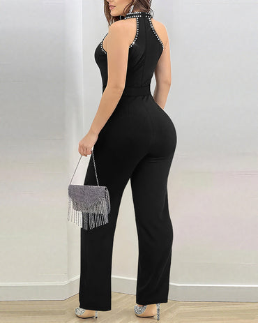 Rhinestone Decor Criss Cross Halter Sleeveless Hollow Water Drop Front Overalls Elegant High Waist Zipper Back Jumpsuit with Rhinestone Decor Belt