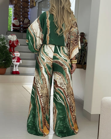 Landscape Print V Neck Lantern Sleeve Front High Slit Maxi Dress Casual Cinched Waist Vacation Dress