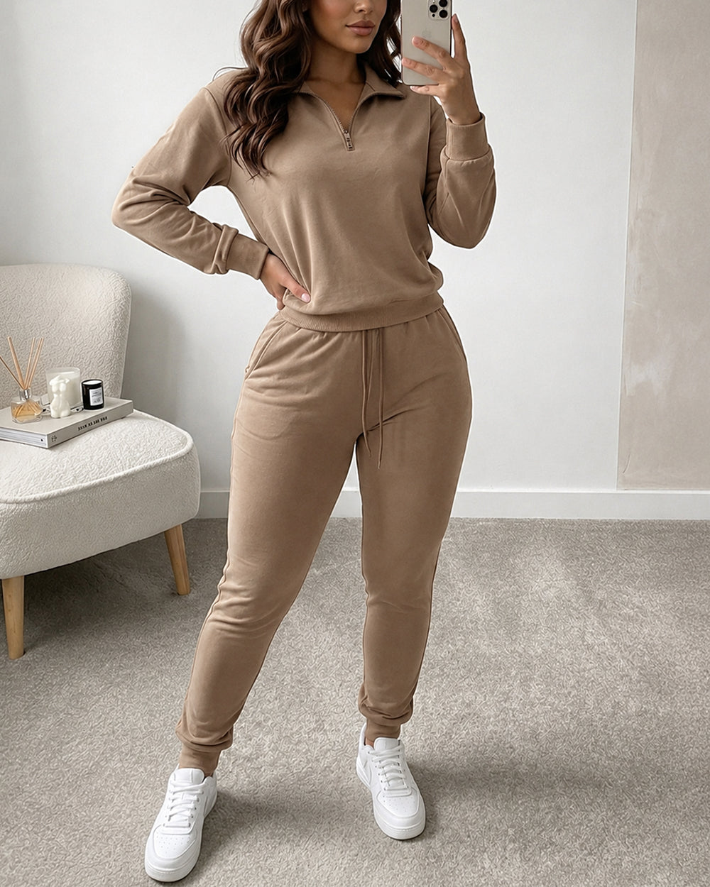 2 Pieces Outfit High Neck Half Zip Drop Shoulder Top and Drawstring Elastic Waist Slim Fit Jogger Pants Set Casual Tracksuit