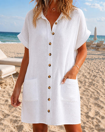 Women's Cotton Shirt Dress Casual Textured Short Sleeve Button Down Loose Mini Dress with Pockets