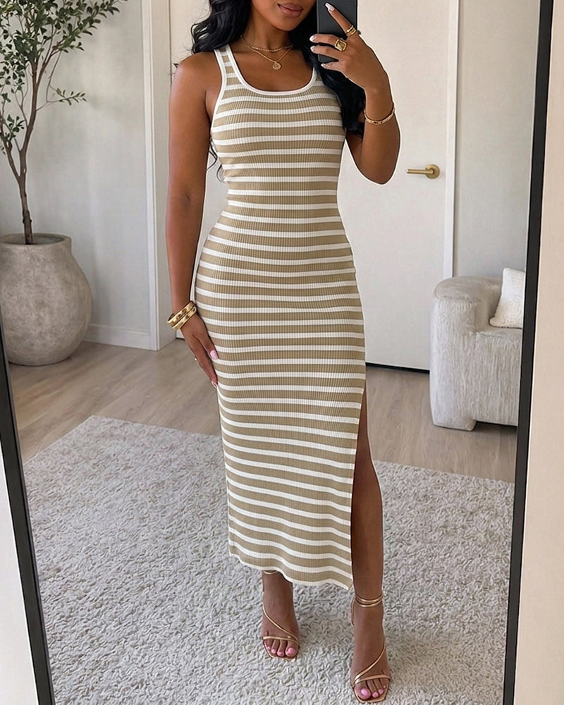 Women's Stripe Midi Dress Square Neck Ribbed Knit Bodycon Dress Backless Side Slit Vacation Dress