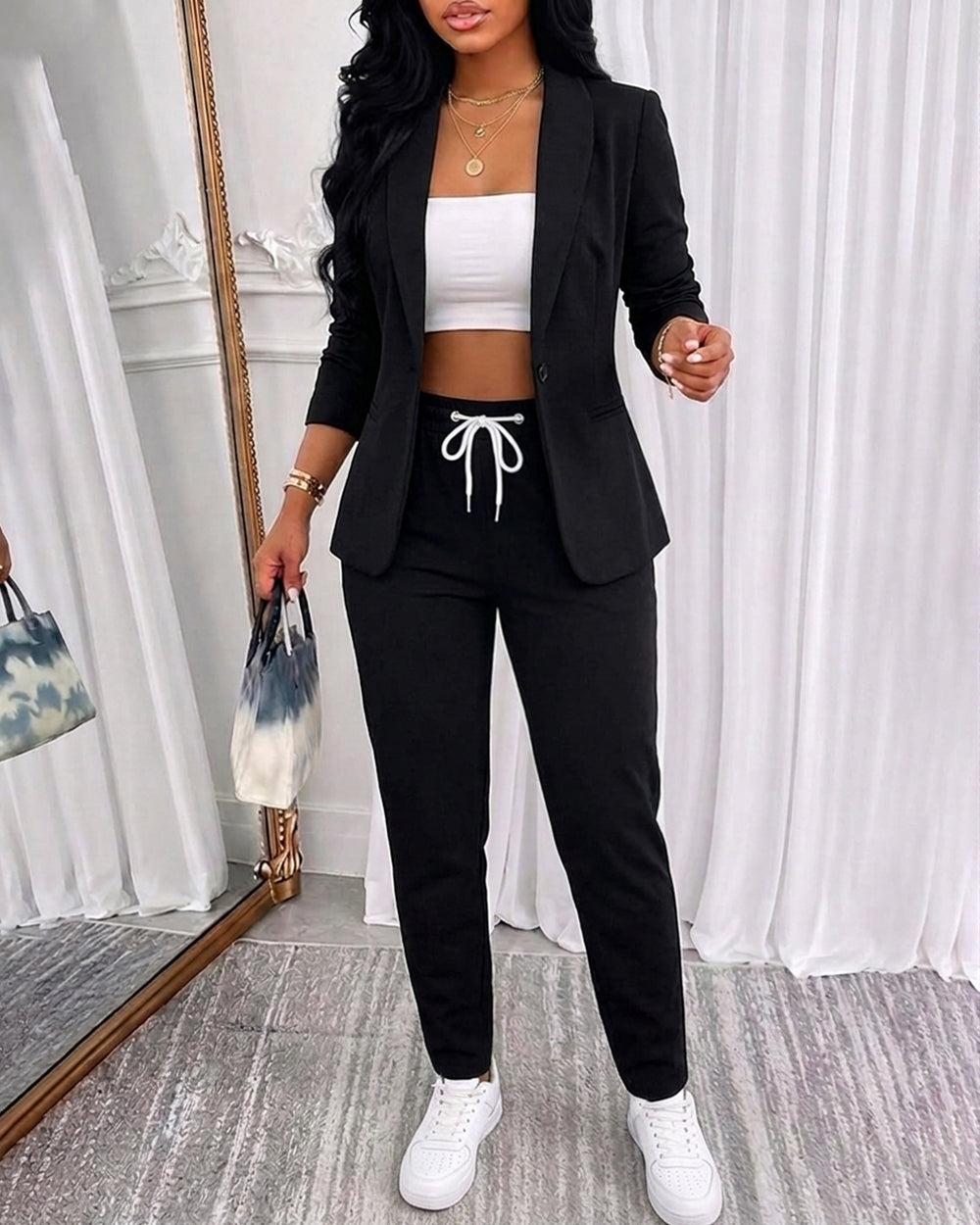 2 Pieces Outfit Shawl Collar Single Breasted Pockets Design Blazer Coat and Drawstring Elastic Waist Slim Fit Pants Set