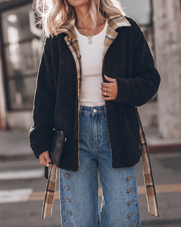 Women's Lapel Two-Way Reversible Plaid Fuzzy Fleece Long Sleeve Coat with Belt