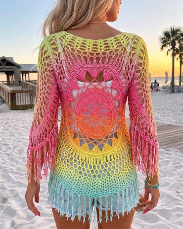 Women's Tie Dye Crochet Beach Cover Up Hollow Out Long Sleeve Vacation Top
