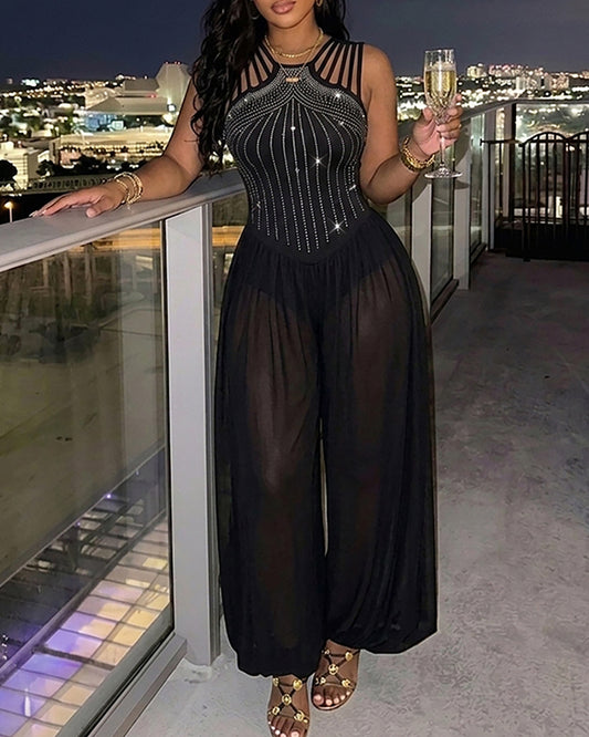Women's Rhinestone Cutout Jumpsuit Sleeveless Sheer Chiffon Lantern Leg Overalls