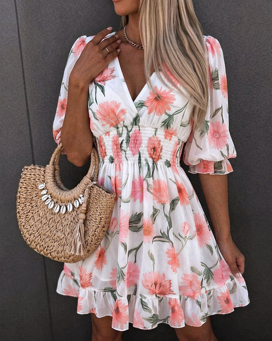 Floral Print Overlap Deep V-Neck Half Sleeve Shirred Waist A Line Dress Casual Flared Cuffs Ruffle Hem Chiffon Dress