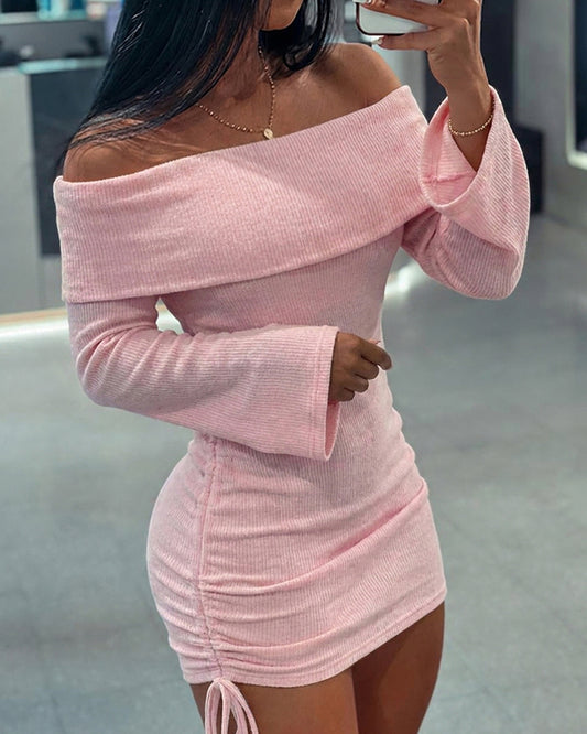 Schulterfreies, langärmliges, gerafftes Minikleid für Damen mit Kordelzug, figurbetontes Kleid