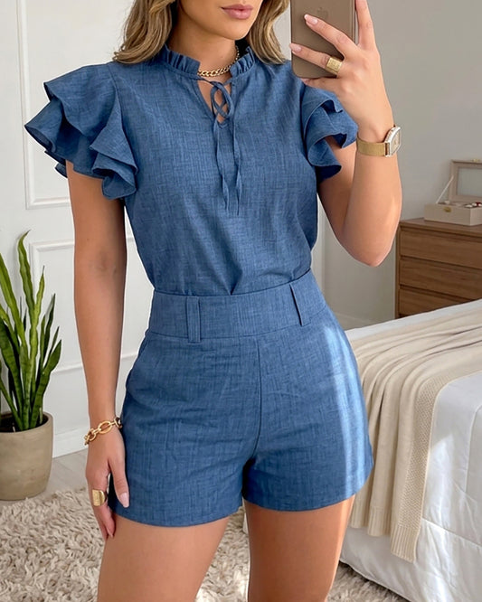 Women's Denim Look Two Piece Set Ruffle Short Sleeve Tie Neck Top and High Waist Shorts Casual Matching Set