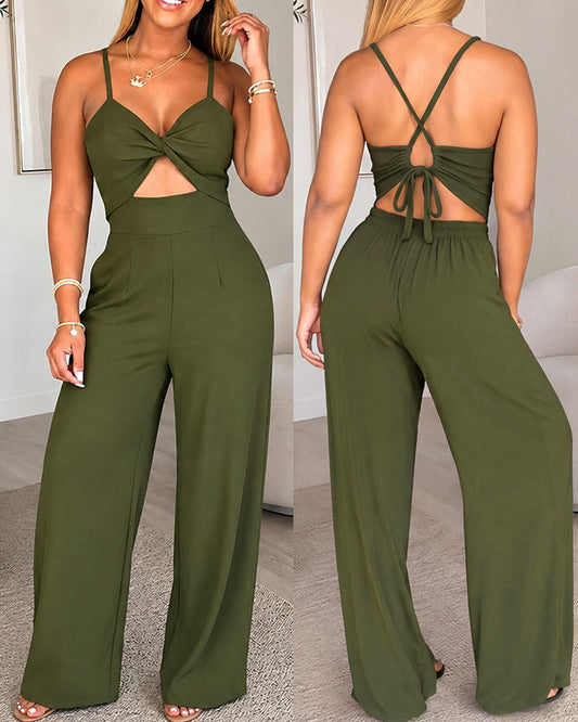 Women's Hollow Out Twist Front Jumpsuit Sexy Backless Criss Cross Tied Cami High Waist Straight Leg Overalls