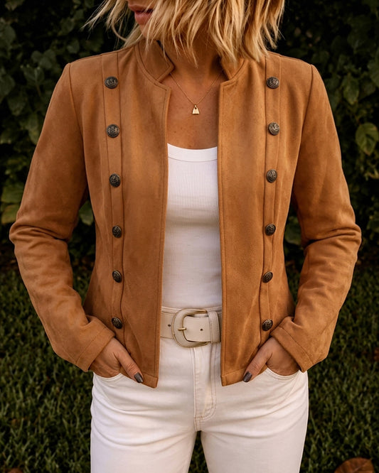 Faux Suede Stand Collar Jacket Open Front Button Decor Casual Coat