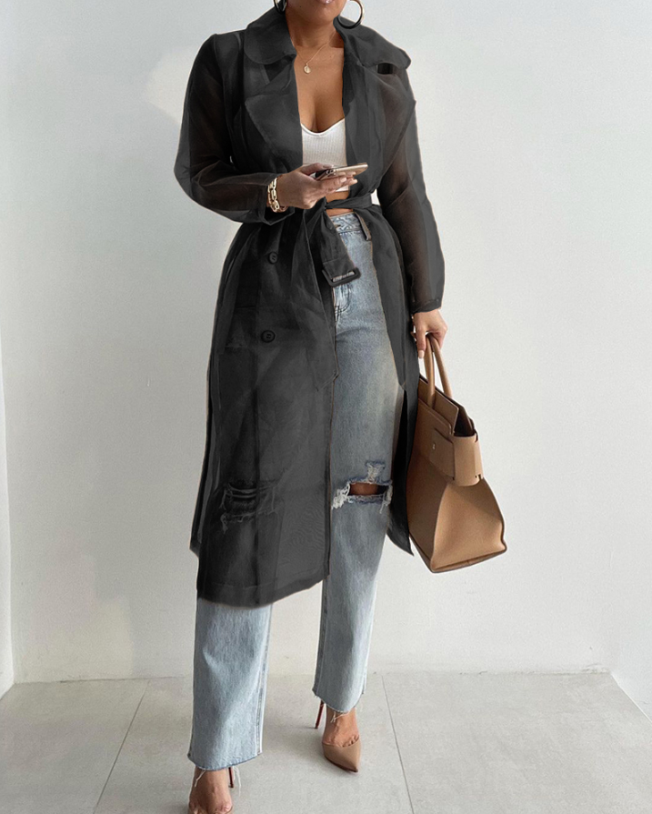 Notched Collar Long Sleeve Double Breasted Sheer Mesh Jacket Casual Longline Trench Coat with Belt