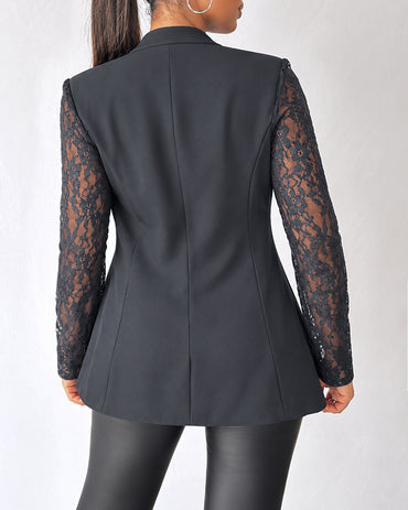 Damen-Blazer mit Spitzen-Patchwork, eleganter, einreihiger Mantel mit transparenten Ärmeln