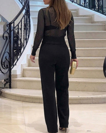 2 Pieces Outfit Round Neck Long Sleeve Semi-Sheer Crop Top and High Waist Elastic Waist Wide Leg Pants Set Casual Minimalist Ribbed Set