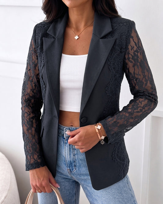 Women's Lace Patchwork Blazer Elegant Sheer Sleeve Single Breasted Coat