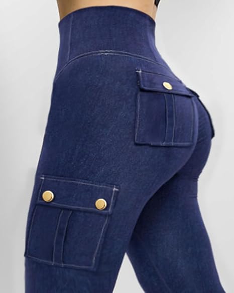 High Waist Tummy Control Butt Lifting Denim Look Leggings Stretchy Yoga Pants with Flap Pockets