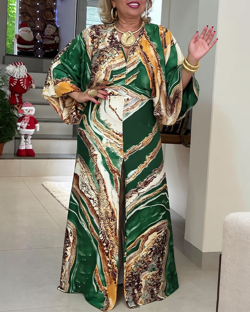 Landscape Print V Neck Lantern Sleeve Front High Slit Maxi Dress Casual Cinched Waist Vacation Dress