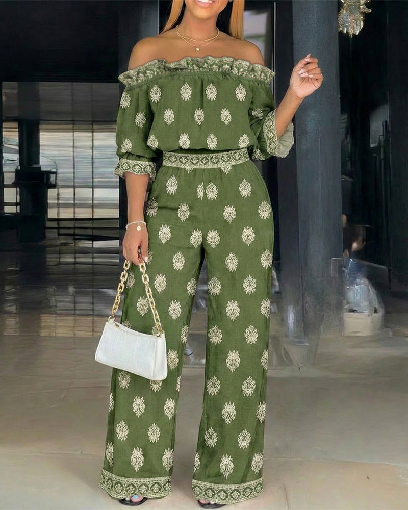 2 Pieces Outfit Stretchy Off Shoulder Half Sleeve Flared Cuffs Stretchy Hem Top and High Waist Elastic Back Waist Wide Leg Pants Set Casual Vintage Print Vacation Set