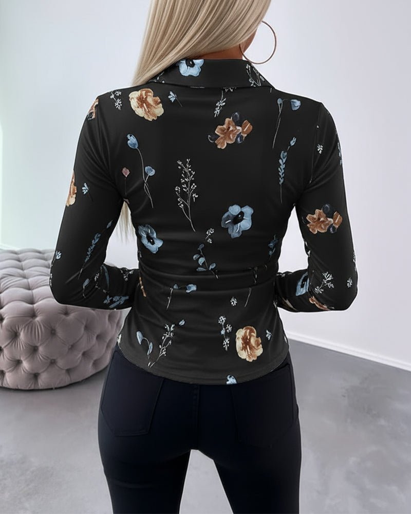 Floral Print Turn-down Collar Long Sleeve Metal Button Front Blouse Ruched Slim Fit Top