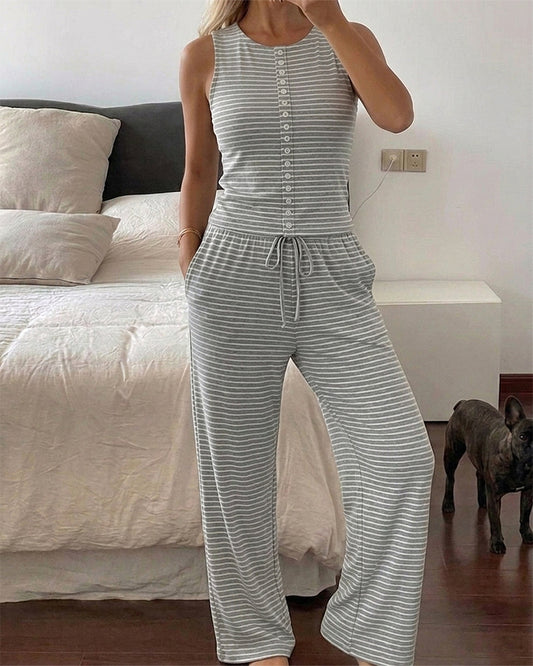 Women's Striped 2 Piece Set Sleeveless Button Knit Top and Elastic Drawstring Pants Casual Loungewear
