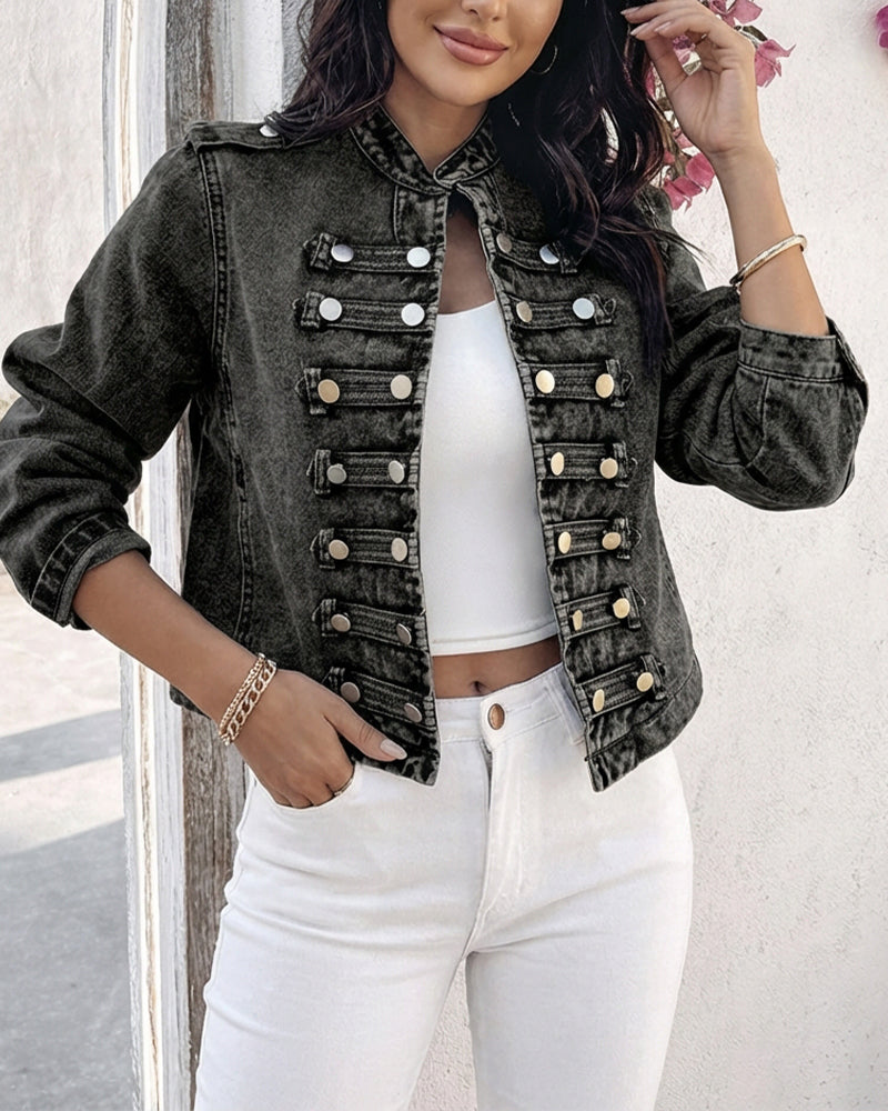 Button Decor Stand Collar Long Sleeve Jacket Casual Denim Coat